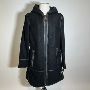 NWT DKNY Black Seam-Accent Boucle Wool-Blend Overcoat Coat Womens Size Medium M